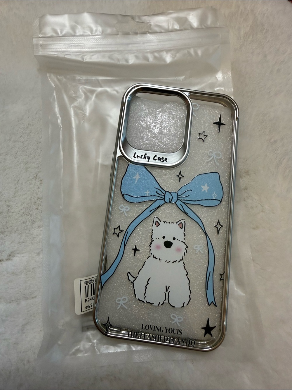 NEW IPHONE 13 PRO Clear Puppy Phone Case with Blue Bow
